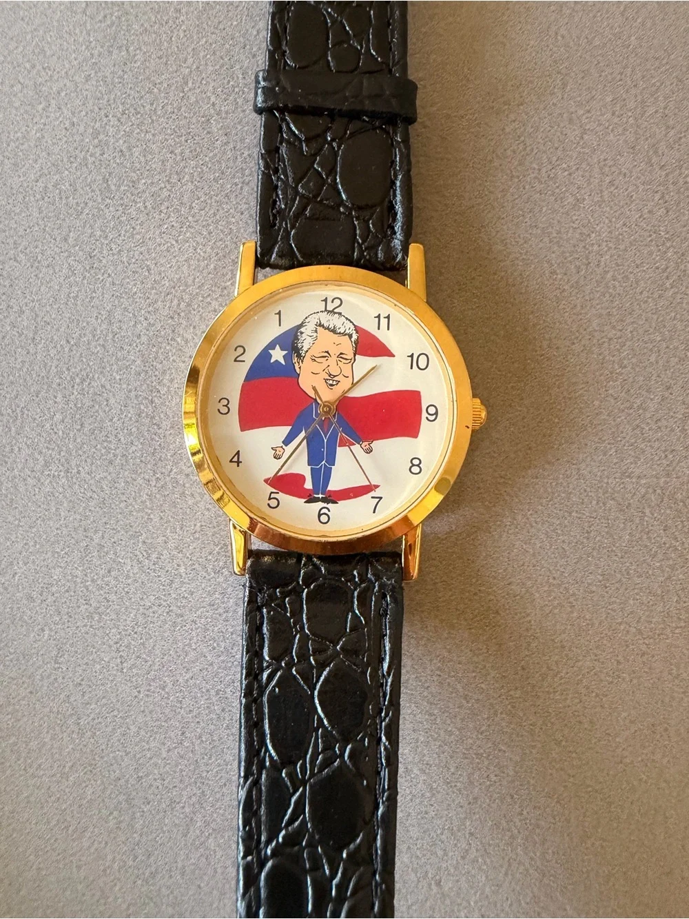 Gold-Tone Men's Novelty Watch with Black Strap and Patriotic Dial